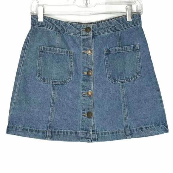 Forever 21 Skirt Women's Sz M A-Line Button Fly Jean Mini Pocket Denim Blue - Picture 4 of 9